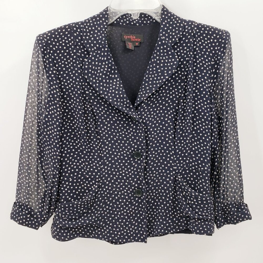 Cynthia Howie Silk Crop Jacket Women's 8 Navy Cream Spotted Lightweight Layered